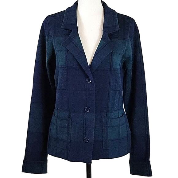 Tahari 3 Button Blazer Jacket Women's M Blue Green Plaid Academia Career Preppy - Picture 1 of 9